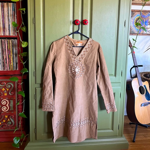 Unique Vintage Ethnic Indian Corduroy Embroidered Tunic Dress - Picture 1 of 6